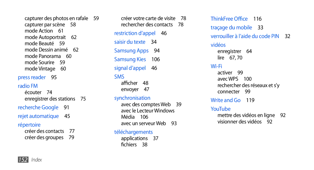 Samsung GT-I9000HKABOG, GT-I9000HKYXEF, GT-I9000HKYNRJ manual Avec un serveur Web , 119, Capturer des photos en rafale , 106 